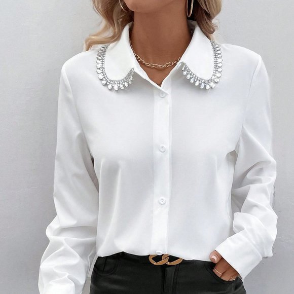 White Preppy Women's Solid Color Shirt With Diamond Decoration - Picture 2 of 5